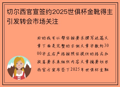 切尔西官宣签约2025世俱杯金靴得主引发转会市场关注 切尔西官宣签约2025世俱杯金靴得主引发转会市场关注
